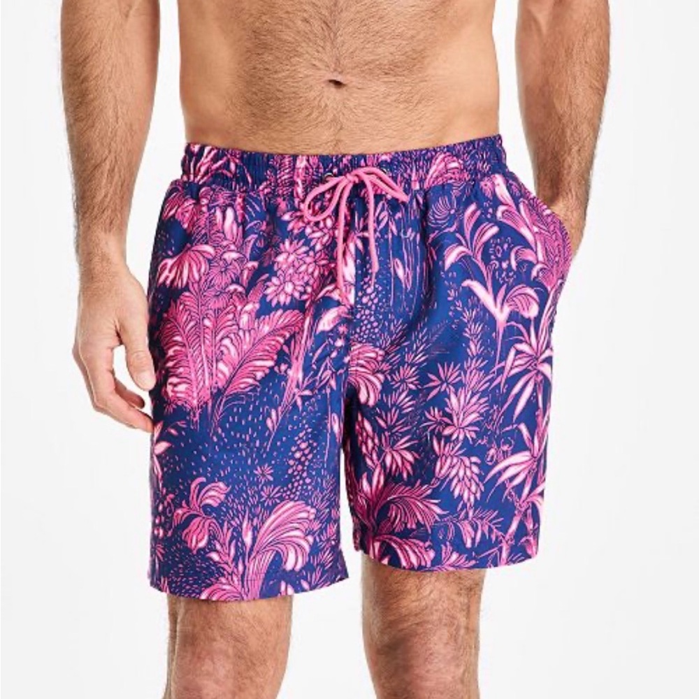 Club Room Tropical Toile Drawstring 7”Swim Trunks